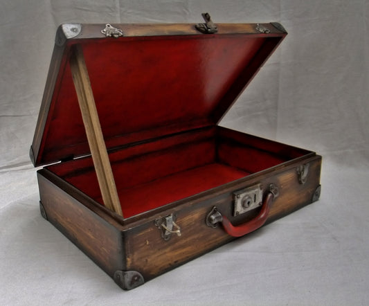 Valise bois mallette ancienne boite caisse coffret patine rouge