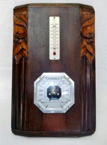 Barometer-Thermometer Art-Deco-Holz-Blumen-Wetterstation